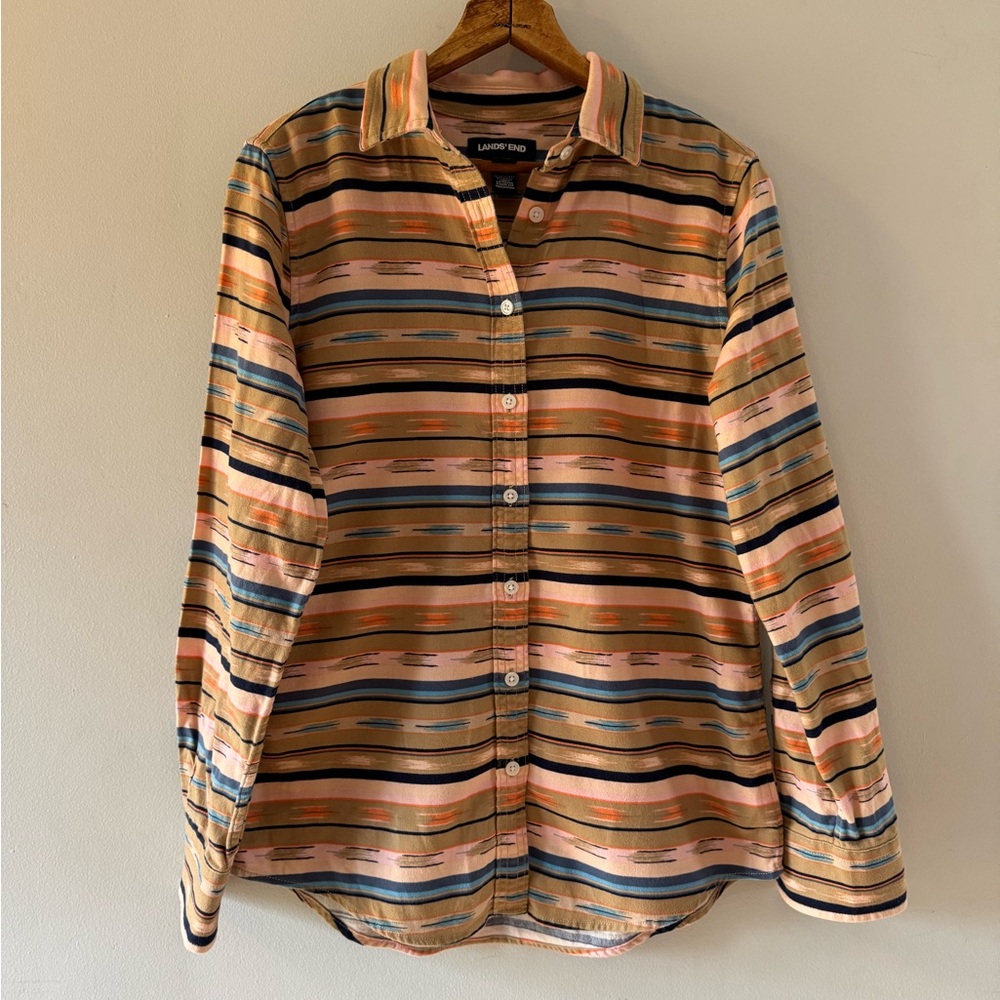 Lands End Flannel Button Down Shirt, Desert Tan Southwest Stripe, size 2, cotton